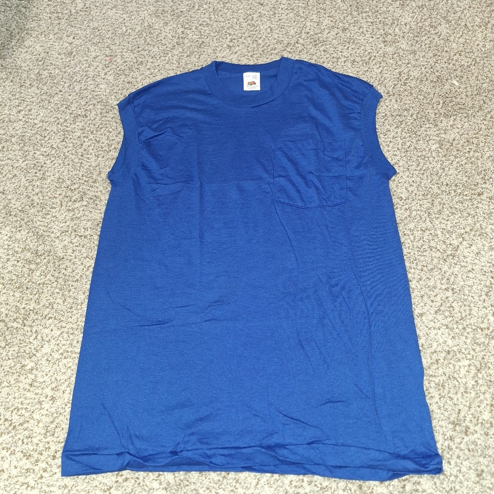Vintage Single Pocket Fruit Of The Loom Blue Muscle Tee Large